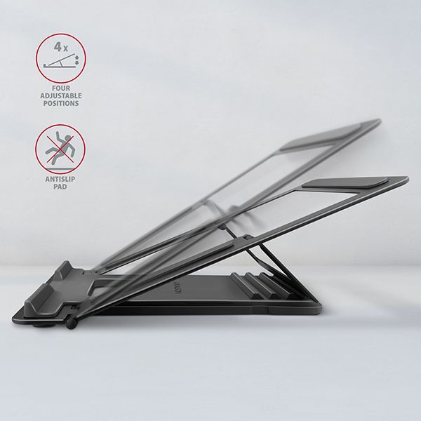 AXAGON STND-L, kovový stojan pre notebooky 10"-17.3", 4 nastaviteľné výšky, sivý Podstavec, pre notebooky, do 16", nastavenie výšky a uhlu, sivý