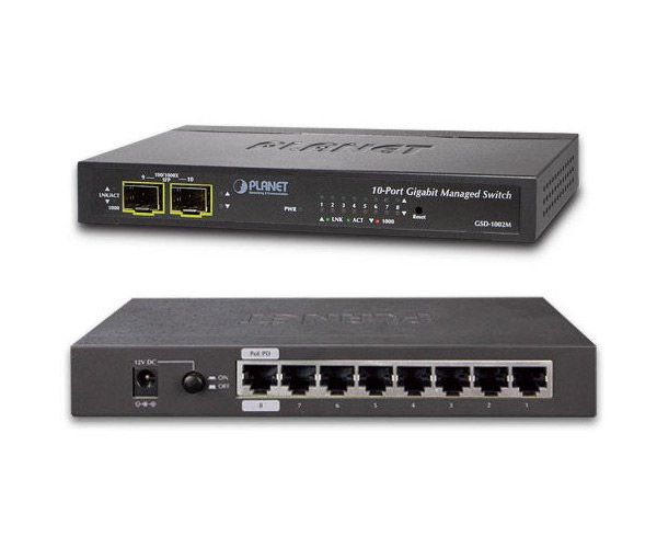 Planet GSD-1002M L2 switch, 8x1Gb, 2x1Gb SFP, 48-56VDC, fanless Switch, 8 x 10/100/1000 + 2 x 100/1000 Combo port, management, PoE napájenie