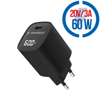 GEMBIRD Nabíjačka, USB-C, 60W, LCD, čierna