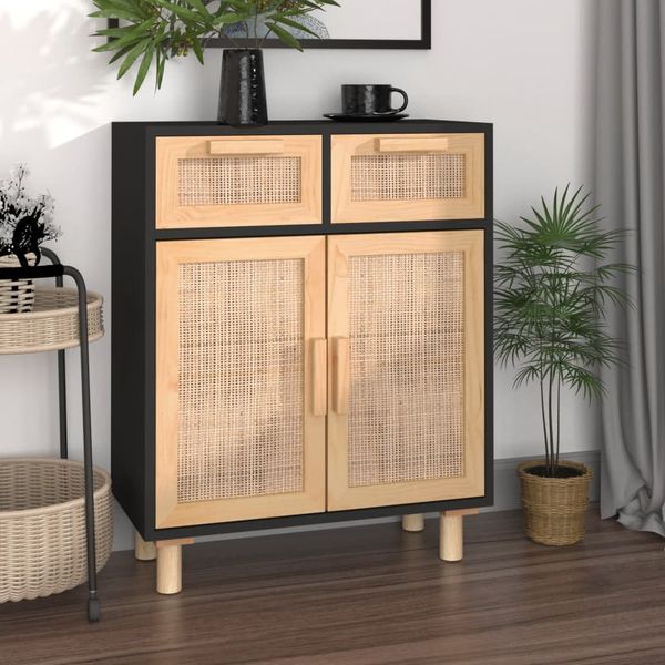 vidaXL Komoda čierna 60x30x75 cm masívna borovica a prírodný ratan