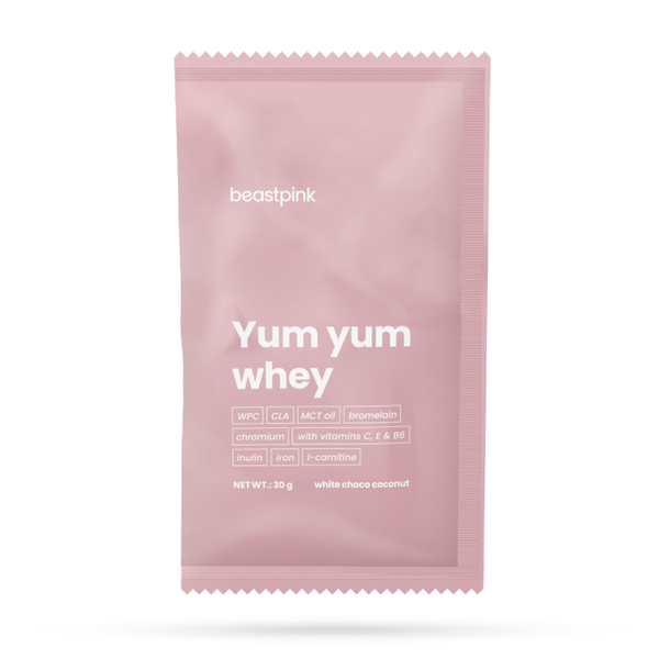 Yum Yum Whey - BeastPink + darček, biela čokoláda kokos, 30 g