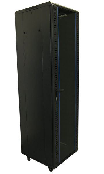 XtendLan 42U/600x800 stojanový, černý, skleněné dveře, plná záda Rozvadec, 19", stojanový, výška 42U, 600x800, sklenené dvere, kourové sklo, plná záda, perforovaný horní a spodní kryt, rozebírat