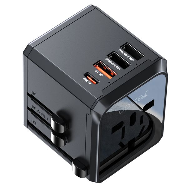 YESIDO MC24UNIOVERSAL ADAPTER UK/EU/US/AUX MAX 8A (3xUSB + USB-C) ČIERNA