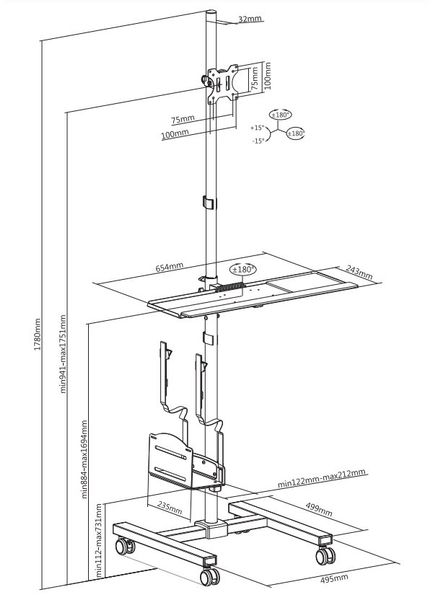 Neomounts FPMA-MOBILE1700 / Mobile Workplace Floor Stand (monitor, keyboard/mouse & PC) / Black Pracovní stanice, stojan, VESA, pojízdná, úhloprícka 10"-32", nosnost 8kg, výška 94-175cm, ocel, cerná