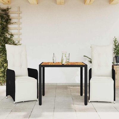 vidaXL 3-dielna záhradná bistro súprava s vankúšmi čierna polyratan