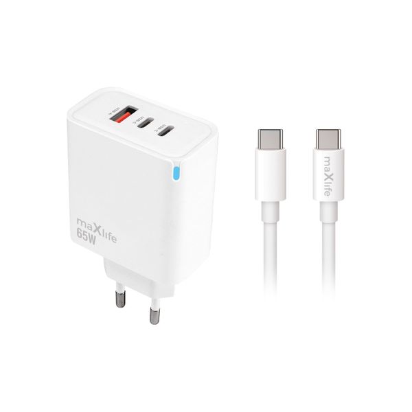 Nabíjačka Maxlife MXTC-09-65ACC PD QC 2x USB-C 1x USB 65W biela + kábel USB-C - USB-C 2,0m 100W