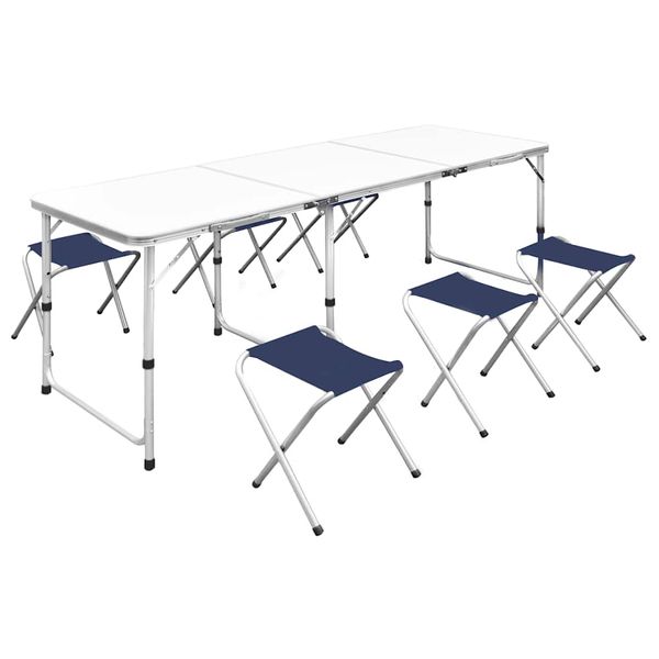 Skladací kempingový set, stôl+6 stoličiek, nastaviteľná výška 180x60cm