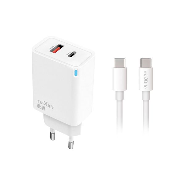 Nabíjačka Maxlife MXTC-09-45AC PD QC 1x USB-C 1x USB 45W biela + kábel USB-C - USB-C 2,0m 60W