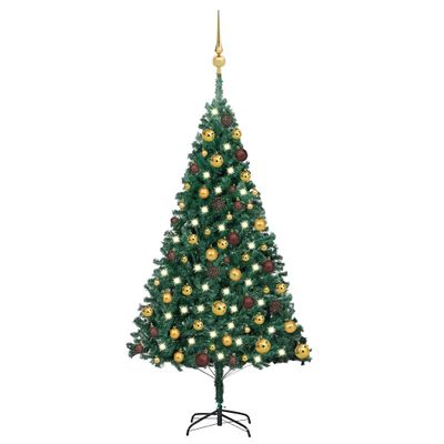 vidaXL Osvetlený umelý vianočný stromček s guľami, zelený 120 cm, PVC