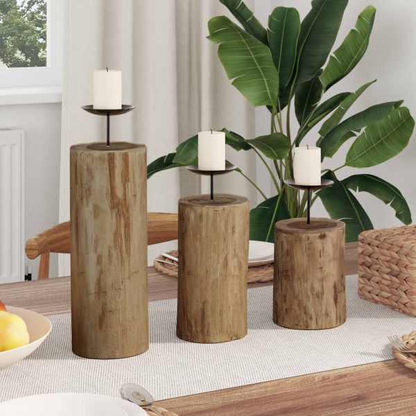 vidaXL Svietnik 3 pcs Prírodná Tíkový masív