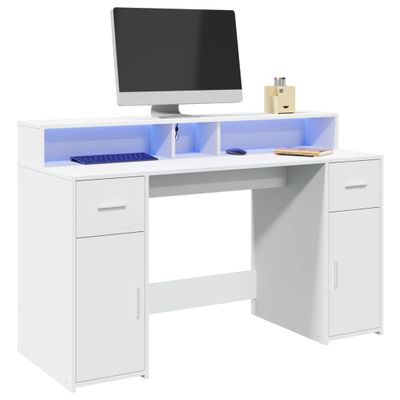 vidaXL Stôl s LED svetlami biely 140x55x91 cm kompozitné drevo