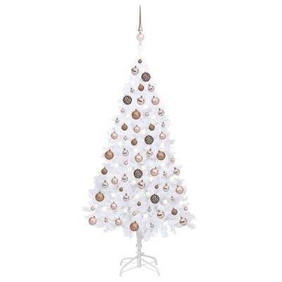 vidaXL Osvetlený umelý vianočný stromček s guľami, biely 120 cm, PVC