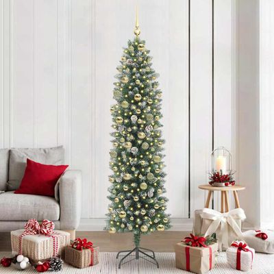 vidaXL Umelý chudý vianočný strom Zelená a biela 210 cm