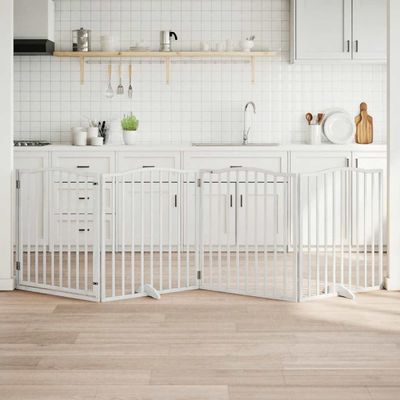 vidaXL Brána pre psa s dverami sklad. 4pan. biela 320cm topoľové drevo