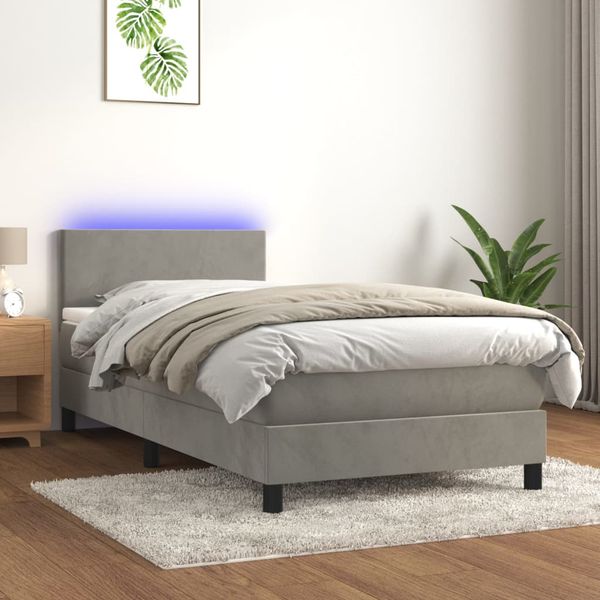 vidaXL Posteľ boxsping s matracom a LED bledosivá 90x200 cm zamat