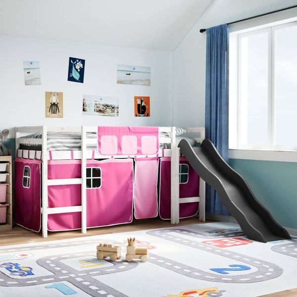 vidaXL Detská vyvýšená posteľ závesy ružová 90x190 cm masívna borovica