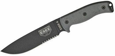 ESEE-6S Serrated univerzálny nôž 16,5 cm, čierna, šedá, Micarta, plastové hnedé puzdro, pripínanie
