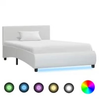 vidaXL Posteľný rám s LED, biely, umelá koža 90x200 cm