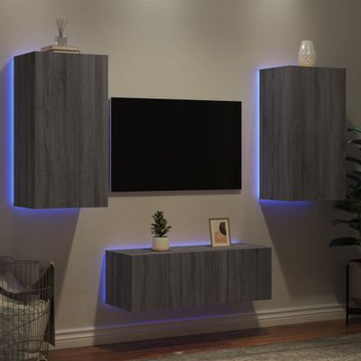 vidaXL 4-dielne TV nástenné skrinky s LED sivé sonoma kompozitné drevo
