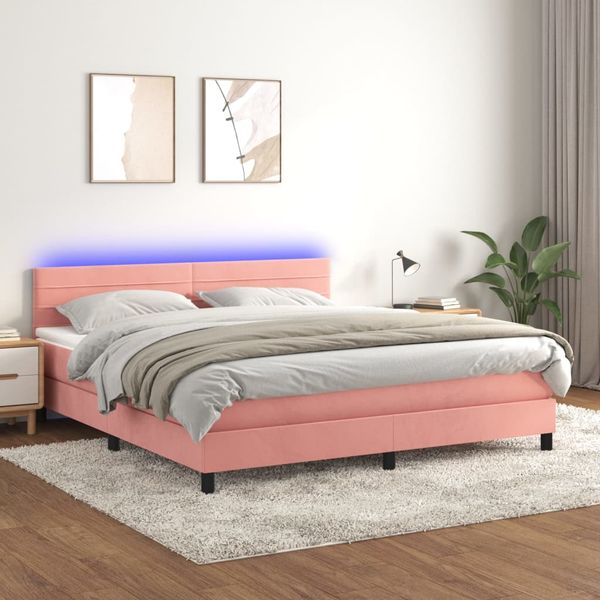 vidaXL Posteľný rám boxsping s matracom a LED ružový 180x200 cm zamat