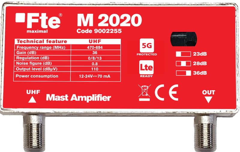 FTE zosilňovač M2020 s 5G LTE filtrom, zosilnenie 36 dB