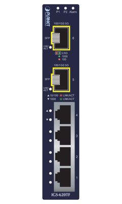 Planet IGS-620TF Průmyslový Switch 4x 10/100/1000Base-T, 2x 100/1G/2.5GBase-X SFP, -40~+75°C 4x 10/100/1000M + 2x 100/1000SFP -40~+75°C, TB napájení 12-48VDC, DIN, kovové šasi
