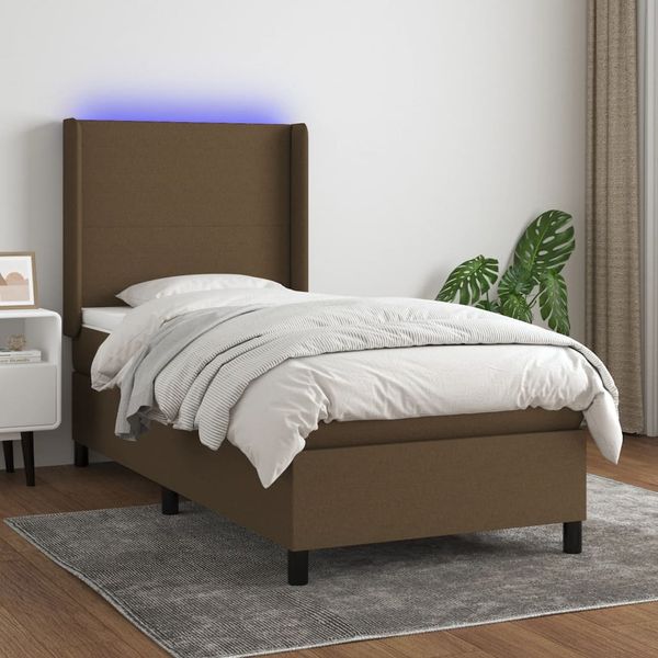 vidaXL Posteľ boxsping s matracom a LED tmavohnedá 90x190 cm látka
